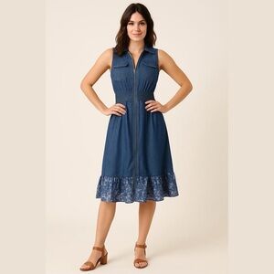 Blue Pleated Midi Dress with Notched Collar